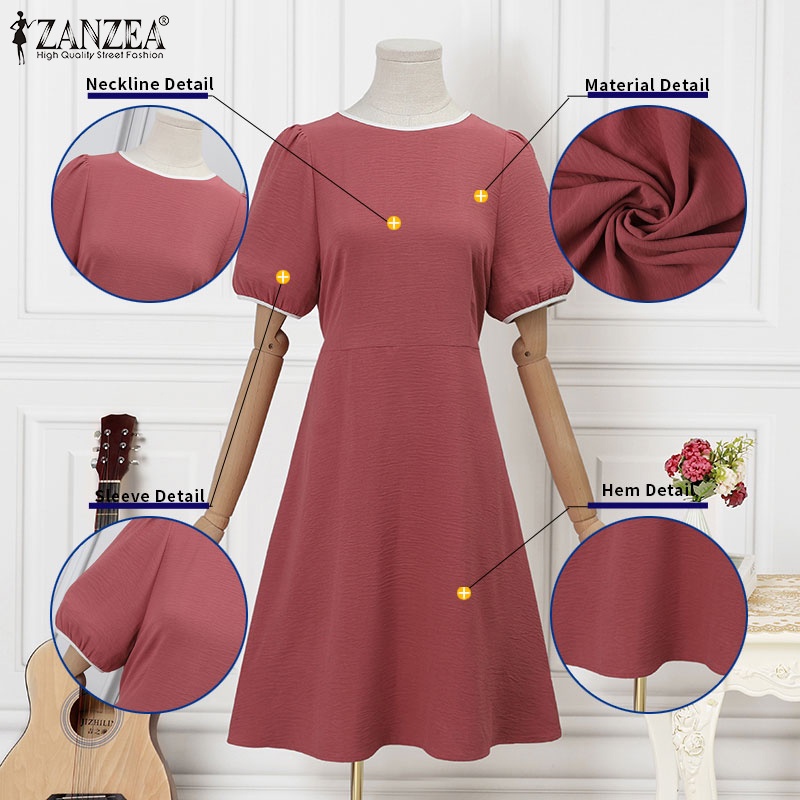 ZANZEA Đầm Ngắn Tay Cổ Tròn Thời Trang Nữ Hàn Quốc