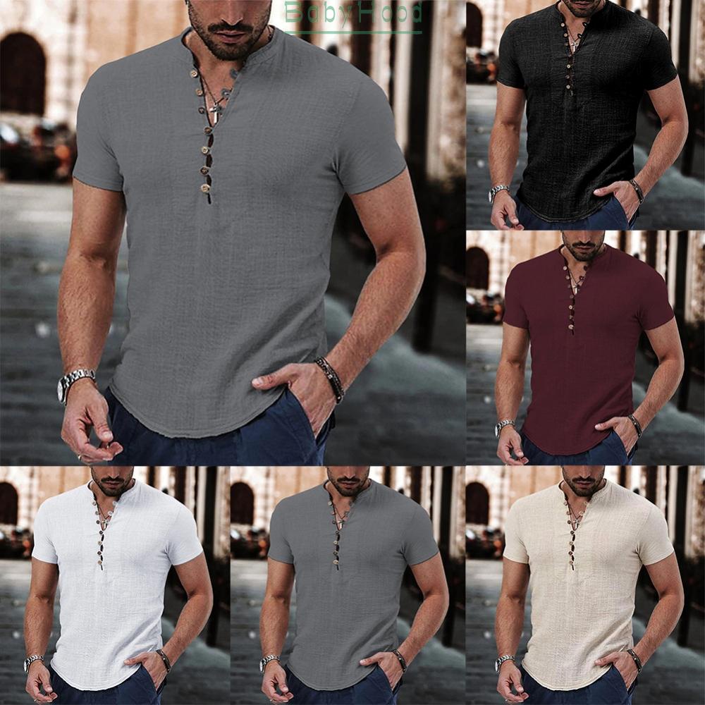 Mens Henley V Neck Casual Short Sleeve Shirt Button Down Blouse T Shirt Loose Fit Top#BBHOOD