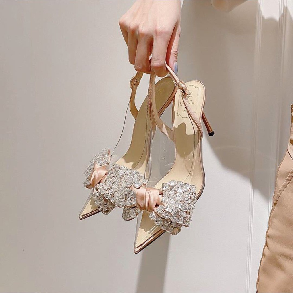 Champagne high-heeled shoes crystal bow thin heel with transparent toe sandals bridesmaid shoes female NIJX