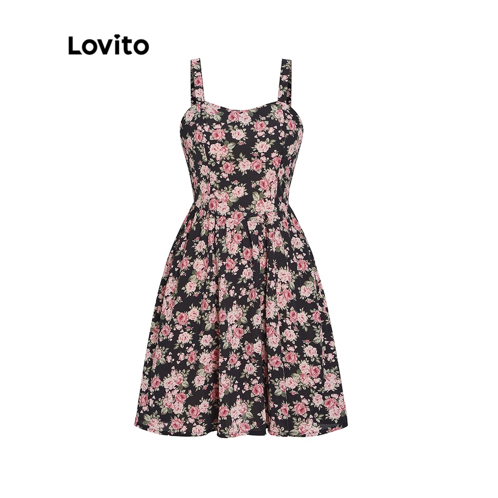Đầm Lovito phong cách thường ngày họa tiết hoa nhí xếp nếp không tay mini dành cho nữ L53AD041 (đen)