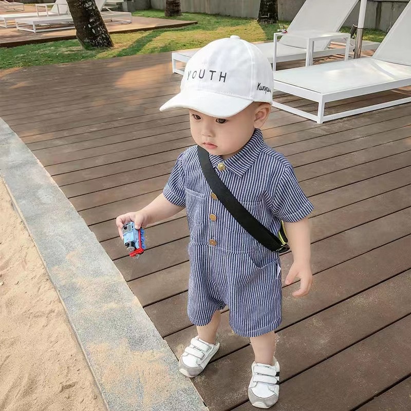 Áo Liền Quần Ngắn Tay Hoa Văn Kẻ Sọc Thời Trang Mùa Hè Dành Cho Bé Trai