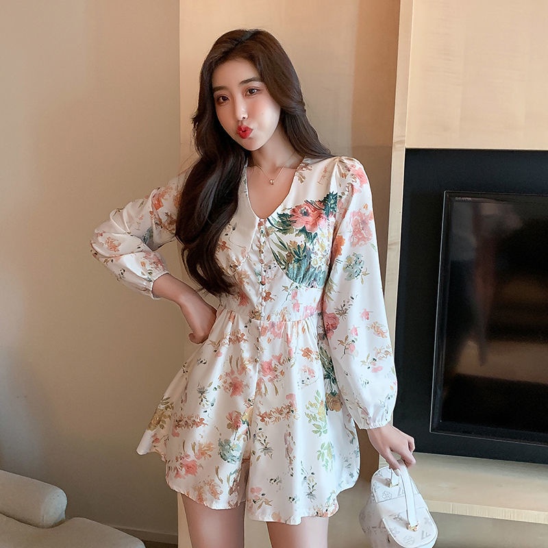 Đầm Ngắn Cổ Chữ v In Họa Tiết Hoa Phong Cách Pháp Mới 2023