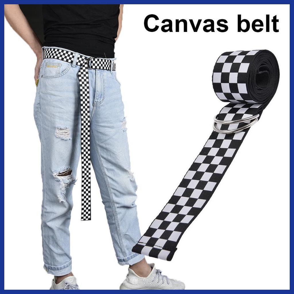 Thắt Lưng Vải Canvas Họa Tiết Kẻ Ô Vuông Trắng Đen 53.15inch Điều Chỉnh Được Thiết Kế Đơn Giản
