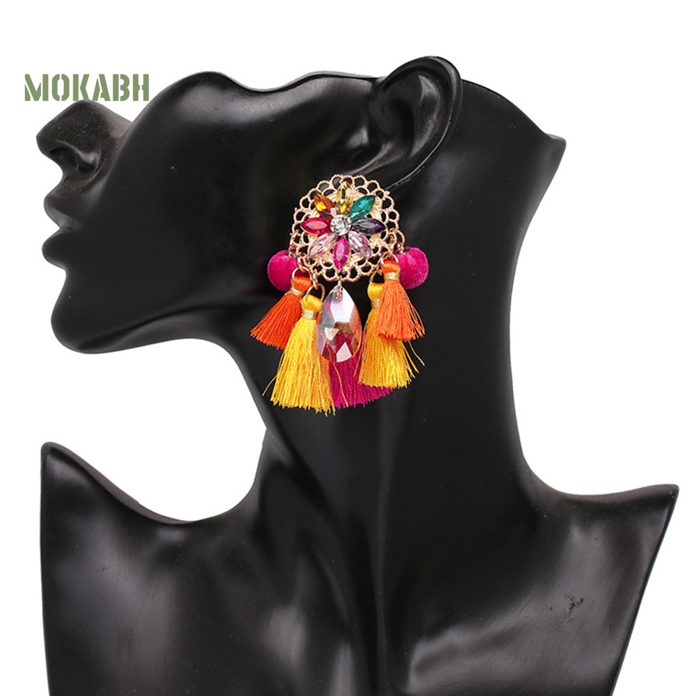 [Mok Abh] Bông Tai Đính Đá Tua Rua Phong Cách Boho