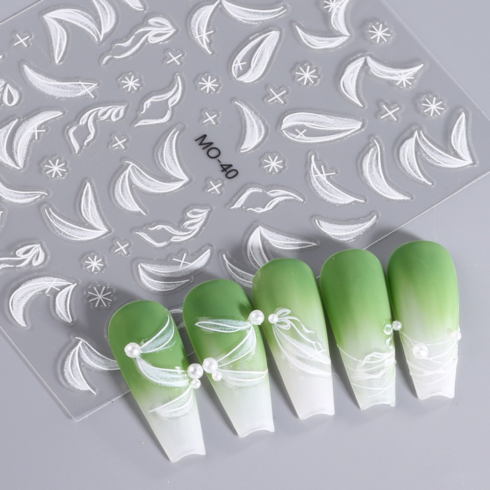 Miếng Dán Trang Trí Móng Tay Nghệ Thuật Họa Tiết Ruy Băng Trắng 5D Bằng Acrylic