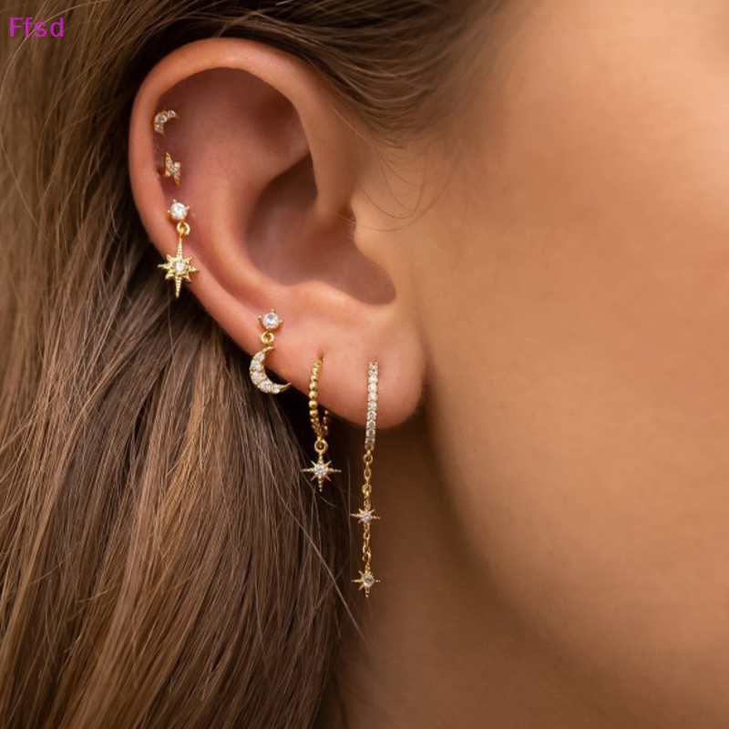 {Ffsd} Bộ 6 Bông Tai Xỏ Lỗ Đính Đá Zircon Pha Lê Hình Mặt Trăng Ngôi Sao Màu Vàng Cho Nữ
