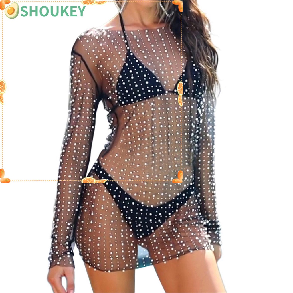 Shoukey Phụ Nữ Che Phủ Váy Nhìn Xuyên Thấu.Đầm Mini Cổ Tròn Phối Lưới Thời Trang Cho Nữ