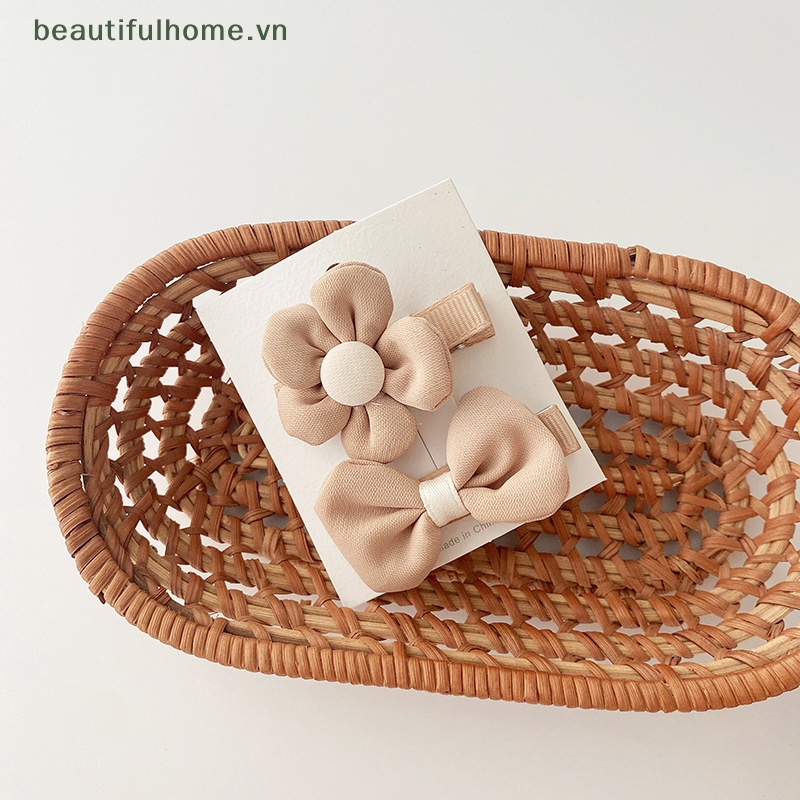 Set 4 / 2 Kẹp Tóc Nơ / Bông Hoa Màu Hồng Ngọt Ngào Cho Bé Gái