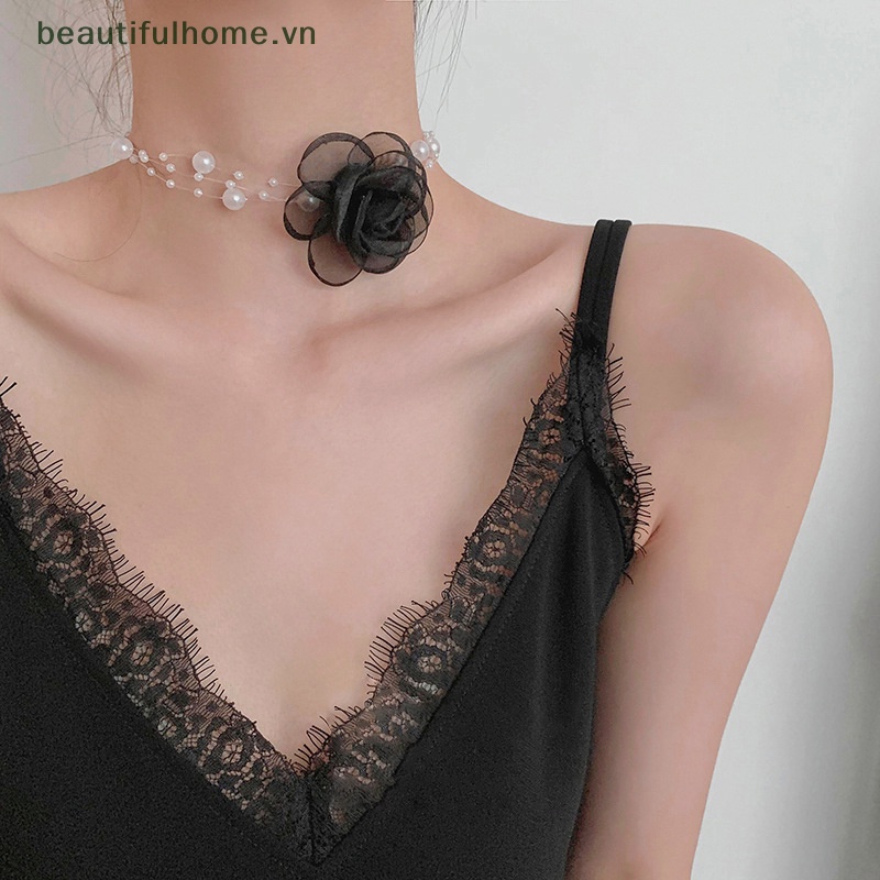 [beautifulhome] Vòng Cổ Choker Ngọc Trai Hoa Trắng Đen Lãng Mạn Mùa Hè Cho Nữ [beauty]