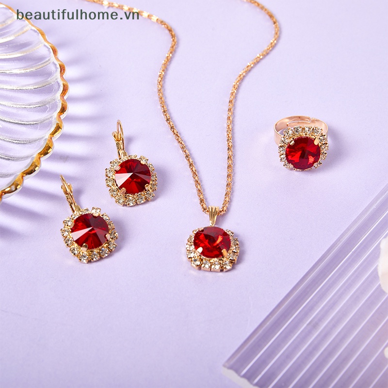 1 Set Vòng cổ + Nhẫn + Bông Tai Pha Lê Tròn Nhiều Màu Thời Trang Hàn Quốc Cho Nữ