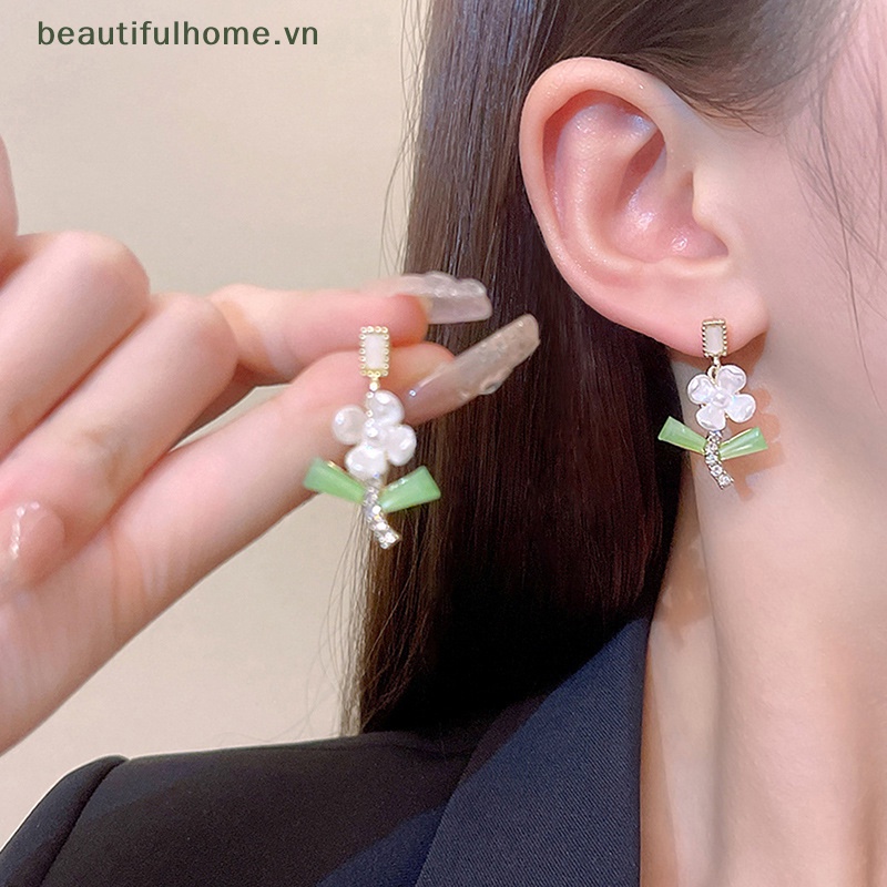 1 Đôi Bông Tai Dây Quấn Hoa Đính Ngọc Trai Màu Xanh Lá Đơn Giản Thời Trang Dành Cho Nữ