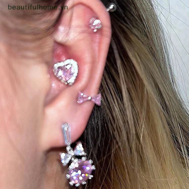 Bông Tai Hình Nơ / Trái Tim Phối Tua Rua Đính Đá Zircon Màu Hồng Ngọt Ngào Dễ Thương Cho Nữ