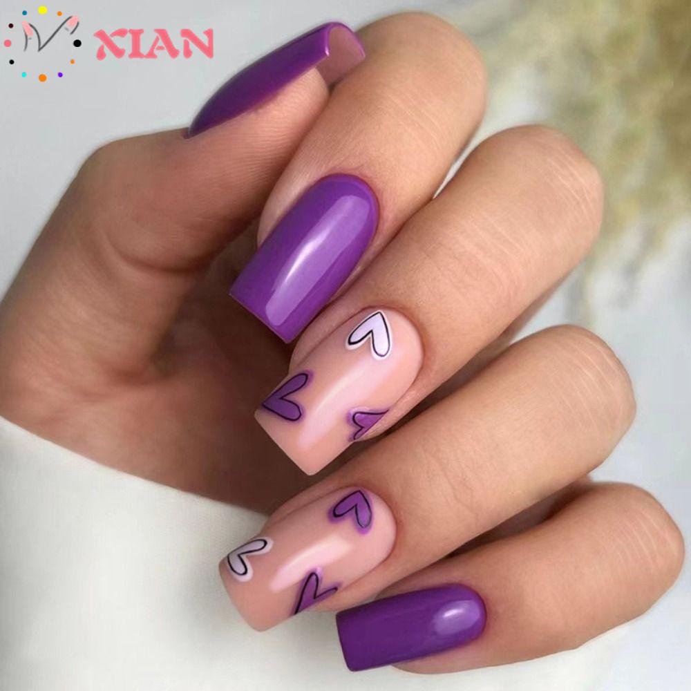 Bộ 24 Móng Tay Giả Màu Tím Hình Trái Tim Có Thể Tháo Rời DIY