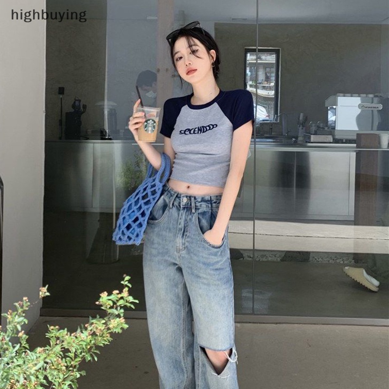 Áo Thun Lửng Ngắn Tay Thêu Chữ Cá Tính Cho Nữ