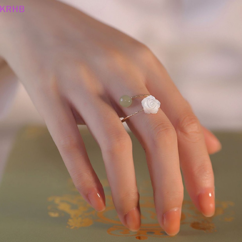 Nhẫn Hở Hình Hoa Hồng Đính Đá Ngọc Bích Trắng Phong Cách Vintage Thời Trang Cho Nữ Mới