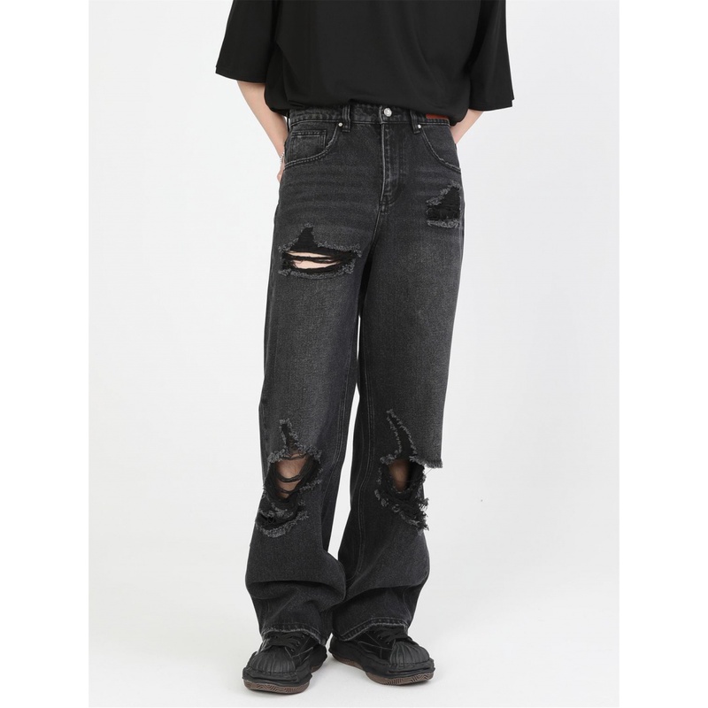 Quần Jean Dài Dáng Suông Rộng Rách Gối Phong Cách Retro Xuân Hè Mới Cho Nam Nữ