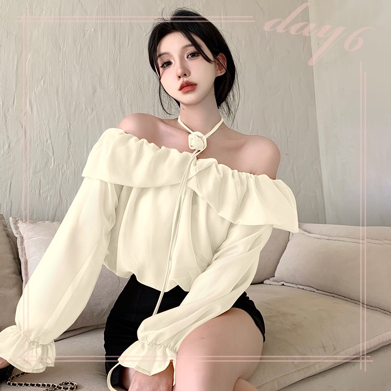 Áo Sơ Mi Chiffon Tay Dài Trễ Vai Dáng Ôm In Họa Tiết Hoa Xinh Xắn Thời Trang Cho Nữ