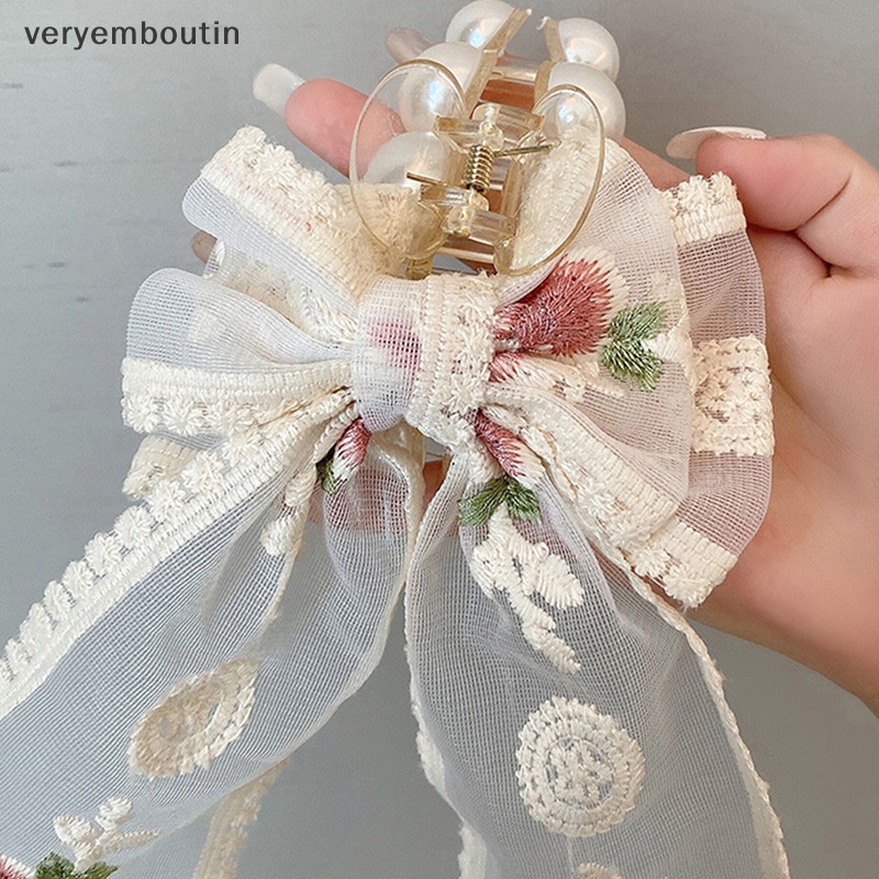 Kẹp Tóc Nơ Vải Ren Thêu Hoa Phong Cách Hàn Quốc Cho Nữ