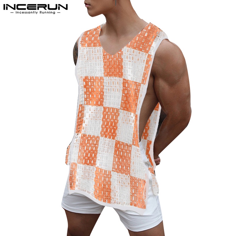 INCERUN Áo Tank Top Sát Nách Phối Lưới Hình Vuông Cỡ Nhỏ Thời Trang Cho Nam