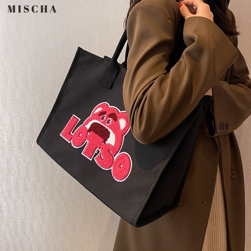 Túi Xách canvas Cỡ Lớn Họa Tiết Gấu Và Dâu Tây Thời Trang Mùa Hè Cho Nữ