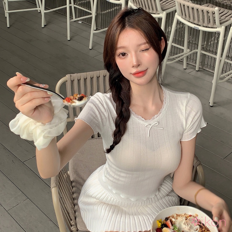 Áo Thun Dệt Kim Tay Ngắn Cổ Tròn Phối Ren Thắt Nơ Màu Trơn Phong Cách Hàn Quốc Thời Trang Mùa Hè Dành Cho Nữ