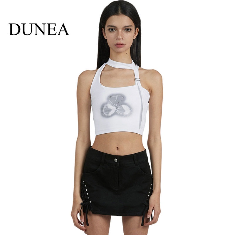 DUNEA Áo Crop Top Hở Lưng In Họa Tiết Phong Cách Mới Dành Cho Nữ