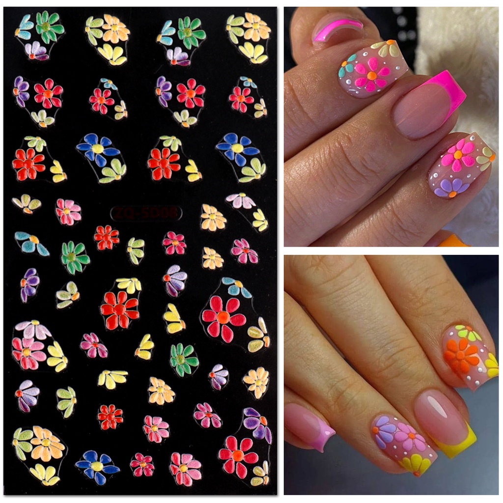 Miếng Dán Móng Tay Dập Nổi Họa Tiết Hoa Năm Cánh Trái Tim Màu Sắc Mùa Hè Pháp