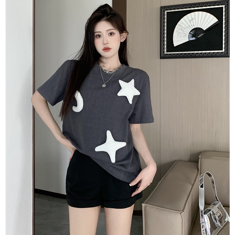 Áo Thun Tay Ngắn Dáng Rộng Họa Tiết Ngôi Sao Ba Chiều Phát Sáng