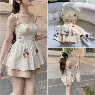 SÉT ÁO 2 DÂY NHÚN NGỰC VIỀN VẢI HOA( CÓ MOOKING THÂN SAU) kèm quần đùi xòe xinh xắn - Shop Thanh Thủy