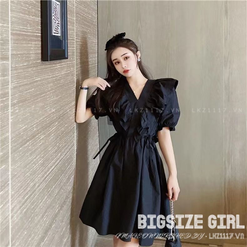Đầm babydoll nữ Bigsize Váy babydoll nữ dáng suông tay dài đen cổ bèo Phong cách Hàn Quốc Thời Trang tiểu thư cá tính xinh đẹp cho người mập béo