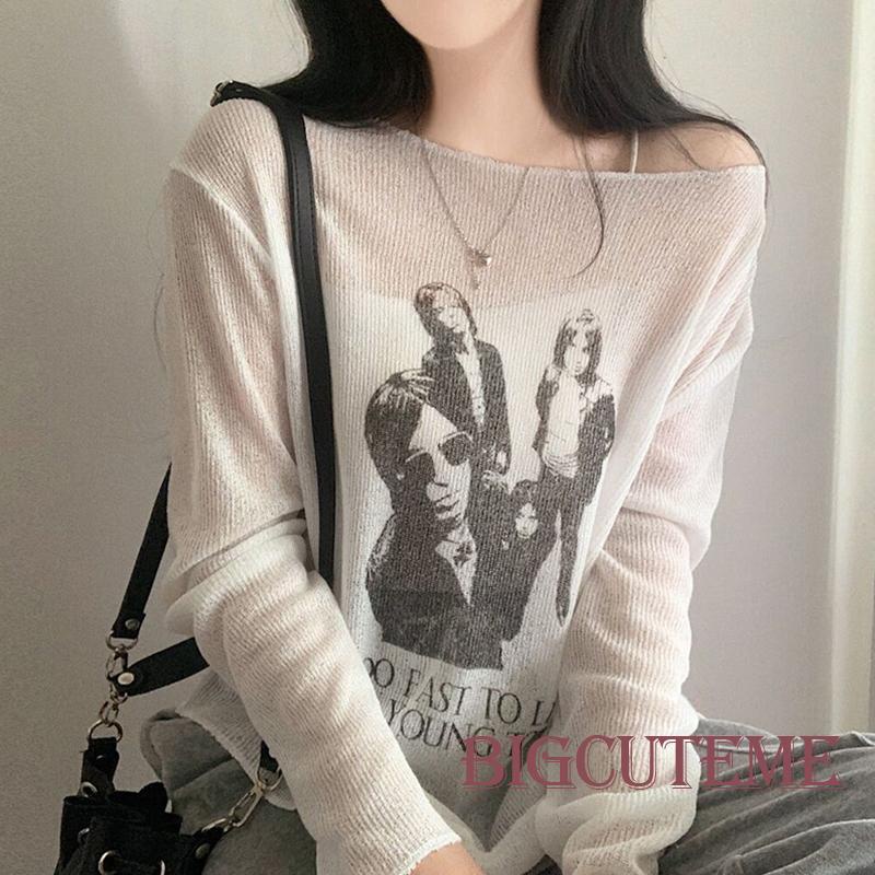 [] Áo Thun Dệt Kim Mỏng Tay Dài Dáng Rộng In Hình Chân Dung Retro Đơn Giản Trọng Lượng Nhẹ Màu Trắng Dành Cho Bạn Nữ Mặc Đi Đường Phố