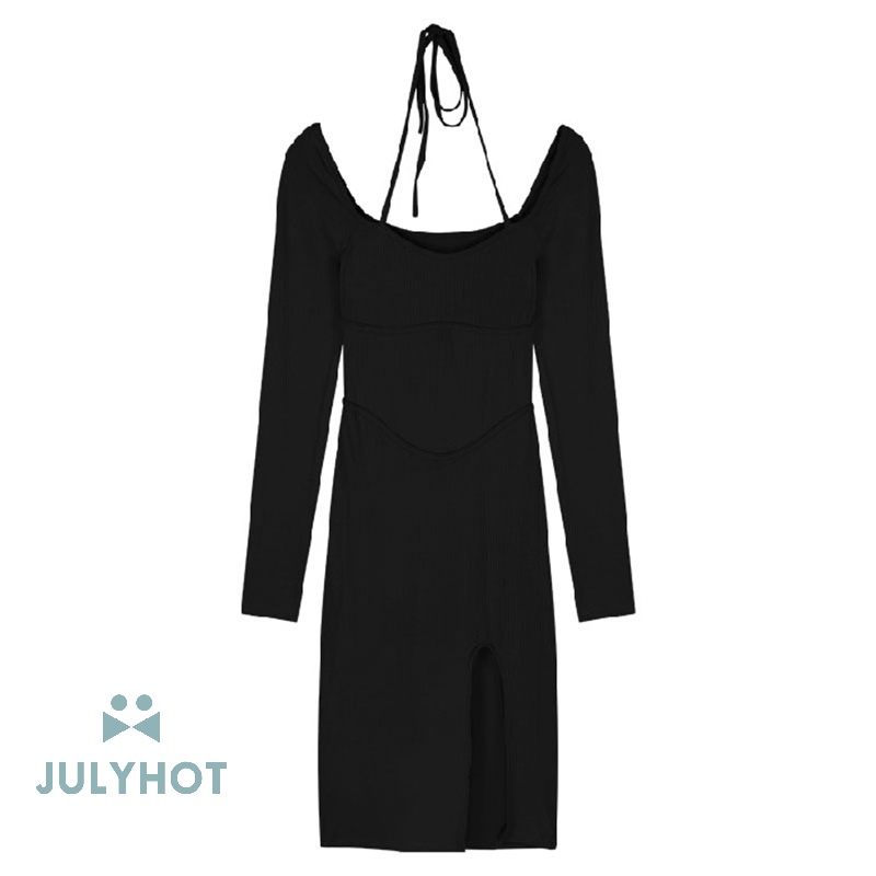Mát mẻ dây ren-up rắn màu đen dài tay áo ăn mặc của phụ nữ sild Slit Slim Midi Dress VN