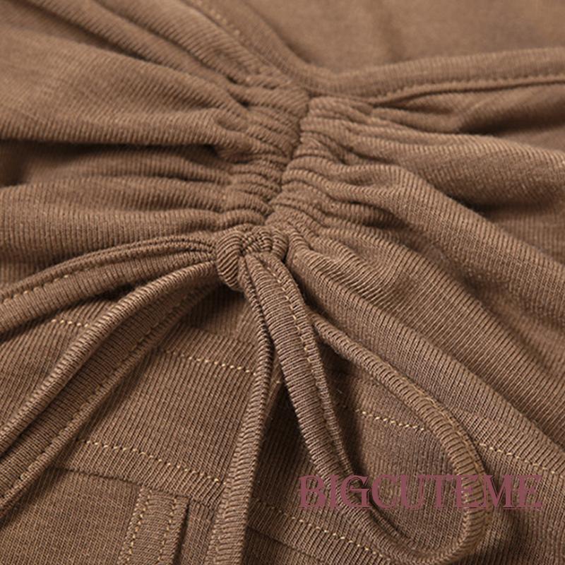 []] Áo Thun Crop Top Dây Rút Tay Chuông Dài Màu Trơn Ôm Dáng Vừa Vặn Cho Nữ