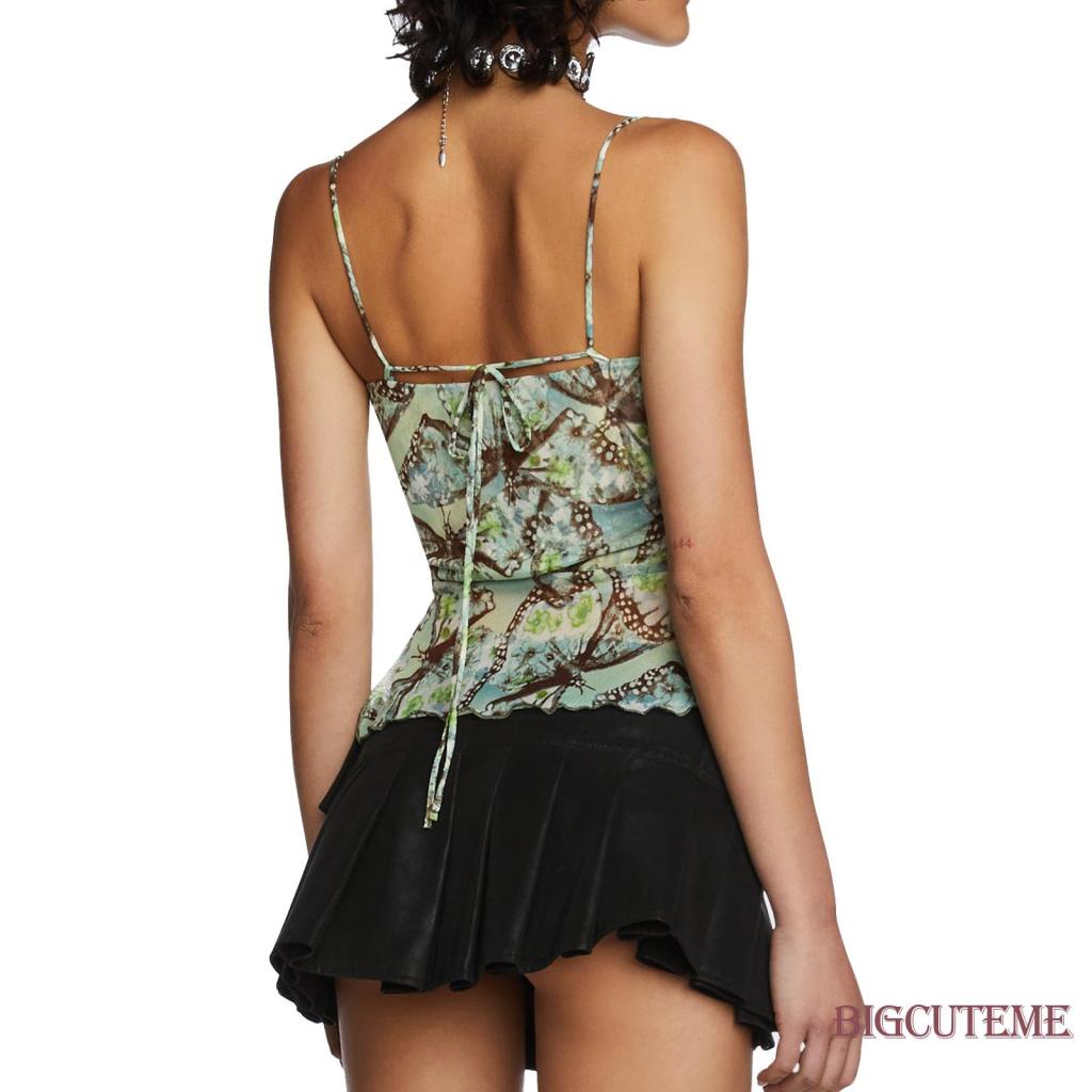 Áo Croptop Sát Nách Hở Lưng Phối Dây Rút In Họa Tiết Bướm Thời Trang Mùa Hè Cho Nữ