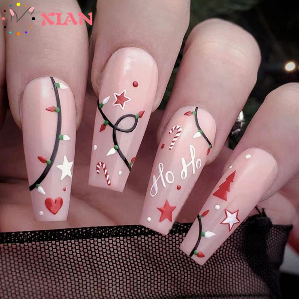 Bộ 24 Móng Tay Giả Ngắn Màu Đỏ Đính Đá Almond Ballerina Santa
