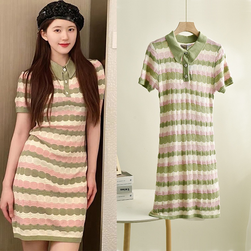 Đầm Polo Dệt Kim Tay Ngắn Kẻ Sọc Màu Xanh Lá / Hồng Thời Trang Mùa Hè Xinh Xắn Cho