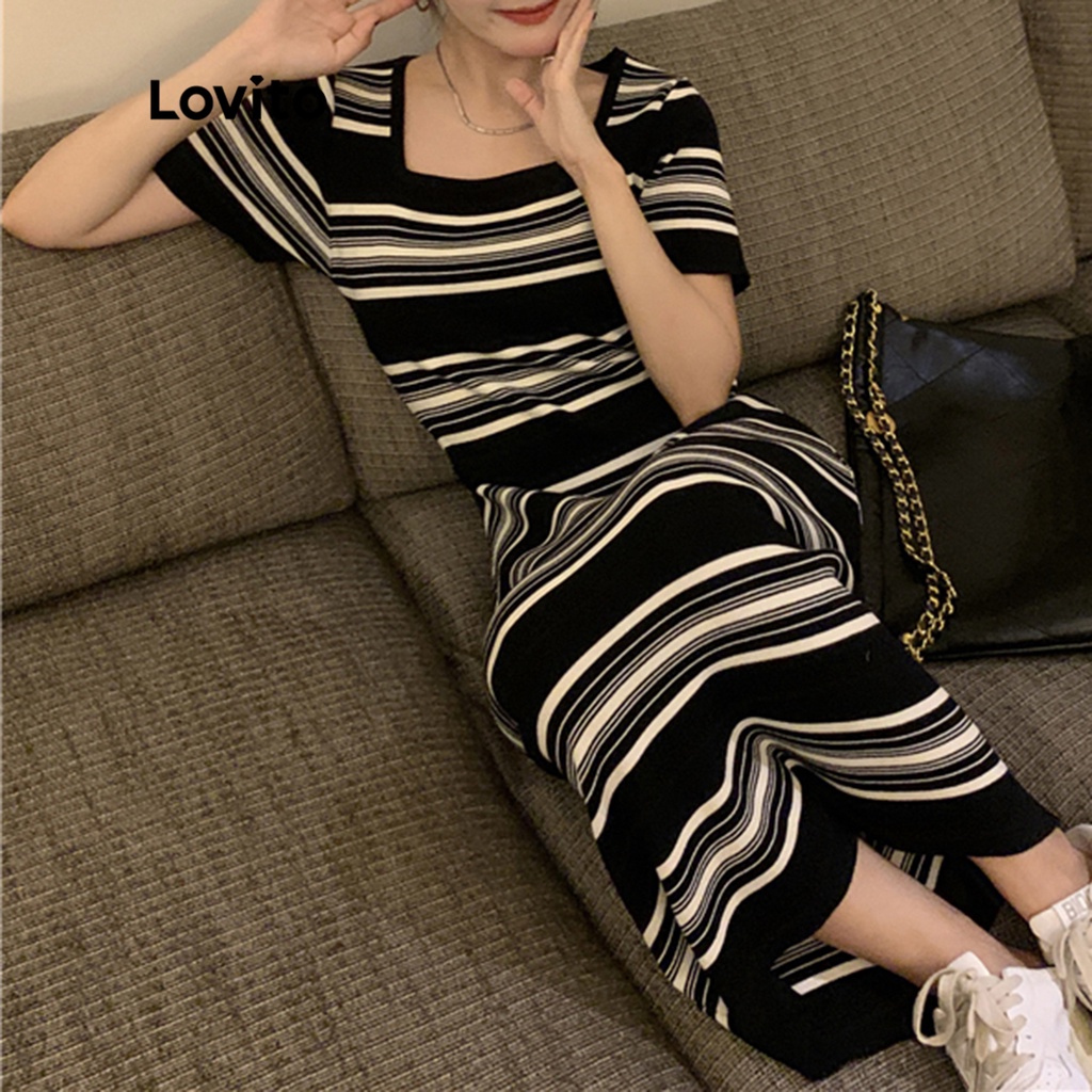 Đầm Lovito cổ vuông phối sọc thường ngày cho nữ LNE11013 (trắng đen)