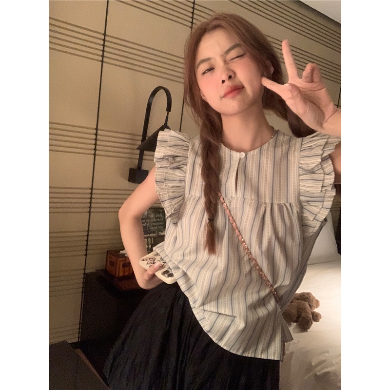 SUXI Áo Sơ Mi Tay Cánh Tiên Dáng Rộng Họa Tiết Kẻ Sọc Phong Cách Vintage Hàn Quốc