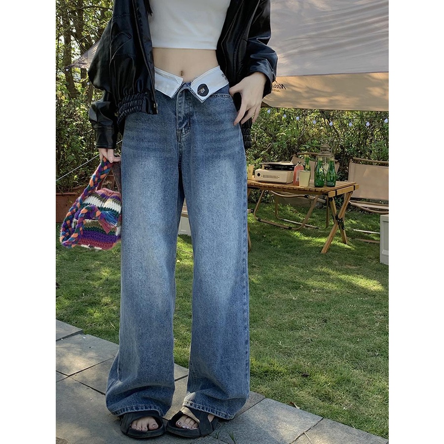 Quần Jean Ống Rộng Lưng Cao Phong Cách Retro Mỹ Thời Trang Cho Nữ