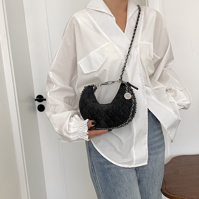 Túi Đeo Chéo Denim Họa Tiết Kẻ Sọc / Mặt Trăng Đính Đá Thời Trang Mùa Hè 2023 Cho Nữ