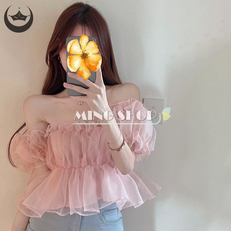 Áo Kiểu Trễ Vai Tay Phồng Ngắn Màu Sắc Trơn Quyến Rũ Cho Nữ