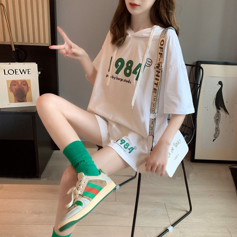 Set Áo Hoodie Tay Ngắn Dáng Rộng + Quần Short Thể Thao Thời Trang Mùa Hè Phong Cách Hàn Quốc Cho Nữ