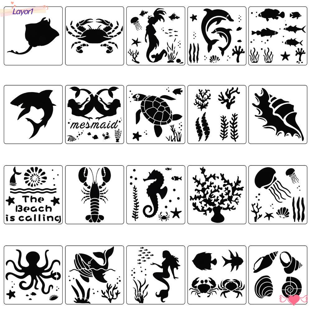 LAYOR1 Set 1 / 20 Khuôn Vẽ Hình Sinh Vật Biển / Cá Ngựa Bằng Gỗ Có Thể Tái Sử Dụng