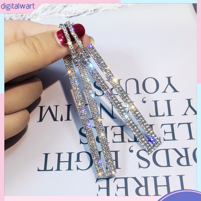 Bông Tai Hình Chữ Nhật Dáng Dài Đính Đá Pha Lê Phong Cách Hàn Quốc