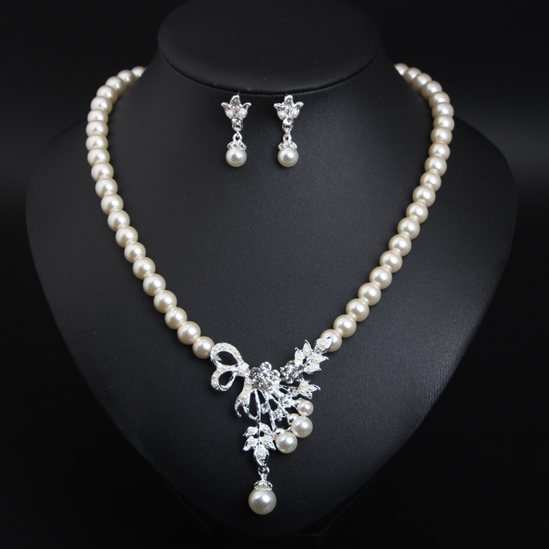 Bộ Vòng cổ + Bông Tai Hình Hoa Đính Ngọc Trai Thời Trang Âu Mỹ Cho Nữ