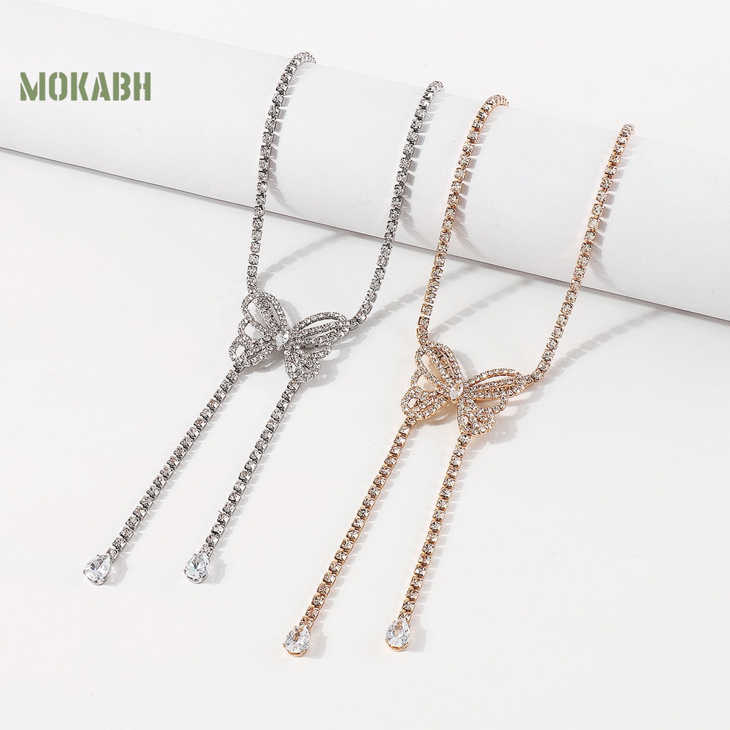 [Mok Abh] Vòng cổ Dáng Dài Hai Lớp Mặt Hình Bướm Đính Đá Phong Cách Retro Thanh Lịch