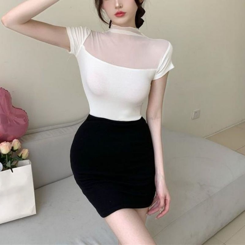 Áo Croptop Tay Ngắn Cổ Lọ Màu Trơn Phối Lưới Thời Trang Cho Nữ