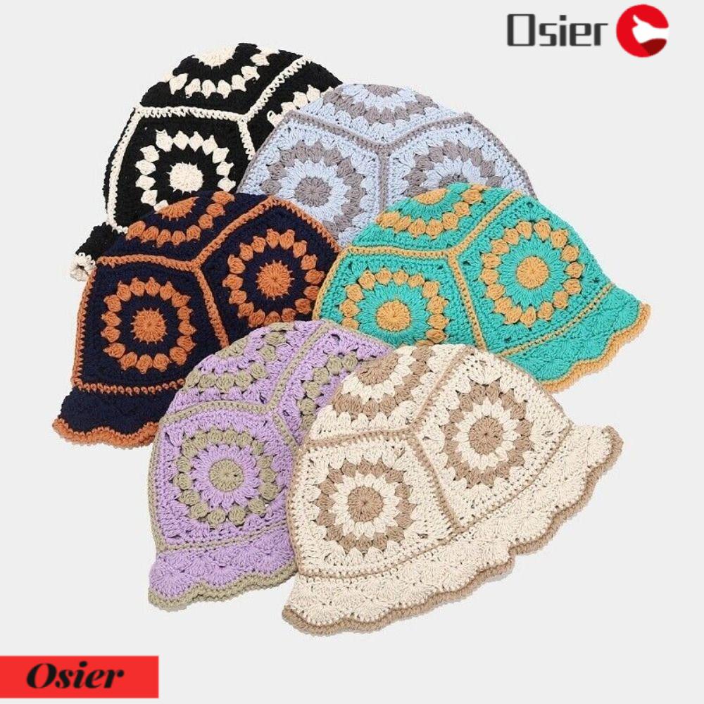 OSIER1 Nón Bucket Dệt Kim Hở Chóp Phong Cách Retro Thời Trang Cho Nữ