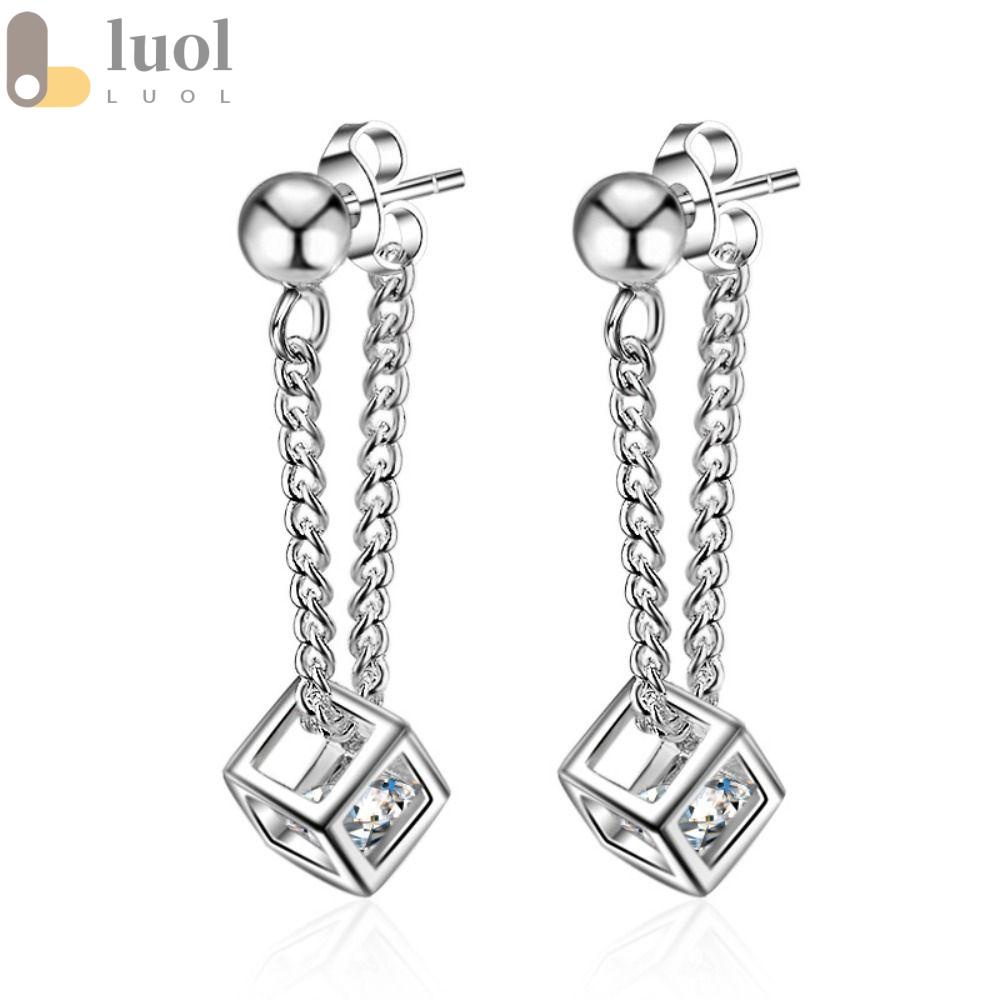 LUOL Bộ 2 Bông Tai Hình Khối Pha Lê Màu Bạc Đính Kim Cương Thời Trang Cho Nữ