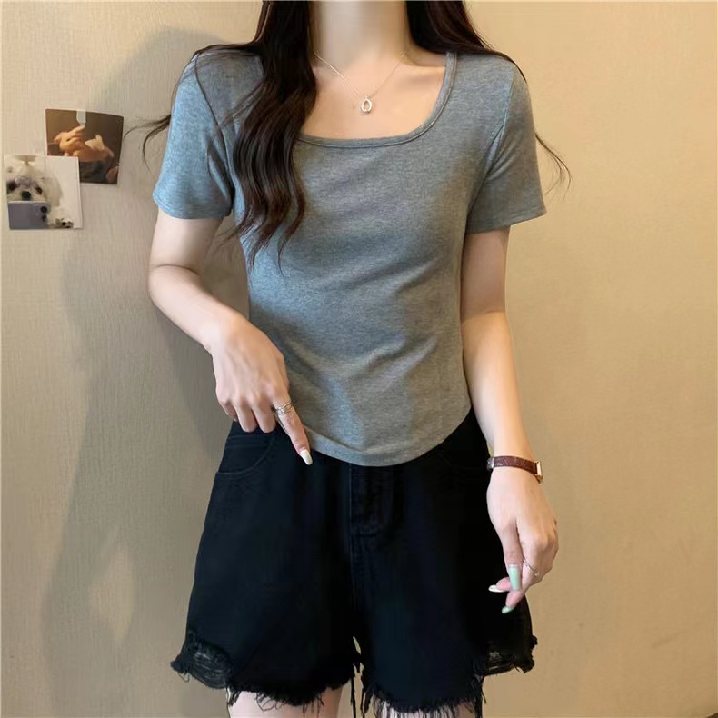 SUXI Áo Thun Tay Ngắn Cổ Vuông Màu Sắc Đơn Giản Dành Cho Nữ